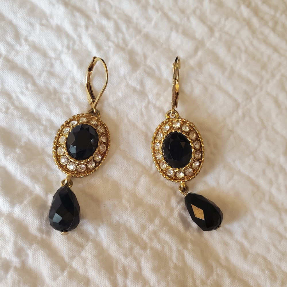 Elegant Gold-tone and Black Drop Earrings With Rhinestone Accents
